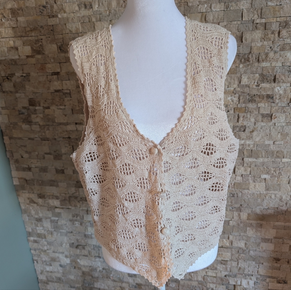 Vintage Crochet Sleeveless Vest Cream Fairy Coastal Cowgirl Festival Boho Sz L